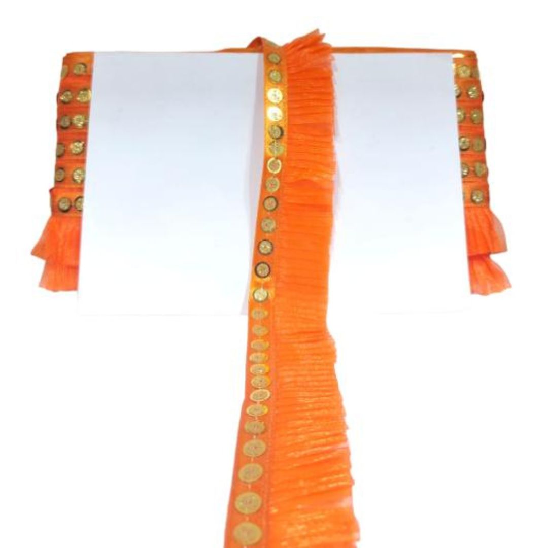 Orange and white garment with decorative buttons on a white background